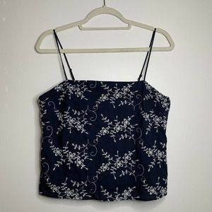 Jun & Ivy Navy Blue,White Embroidered Floral crop top Spaghetti Strap size L NWT